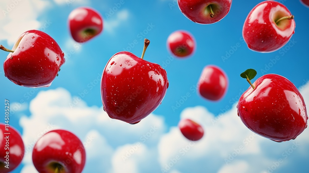 Aufkleber bunch of red apples are flying through the air. the apples are shiny and wet, and they are scattered