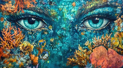 Naklejka premium Ocean-inspired artwork; eyes framed by coral.