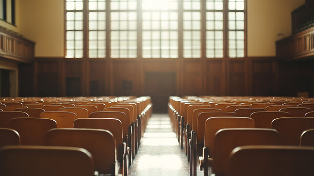Nobody in empty university lecture hall with rows of seats, spacious college classroom for academic presentations, modern educational auditorium interior, vacant seminar room in campus building.