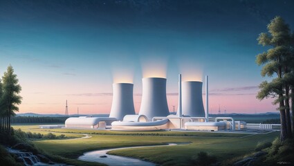 A Serene and Futuristic Nuclear Power Plant, Featuring Sleek, Modern Architecture, Sustainable Energy Solutions, and a Calm, Harmonious Integration with the Natural Environment