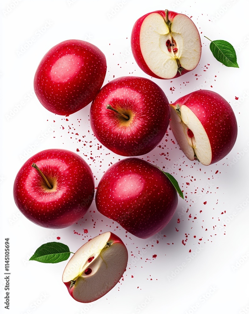 Poster close up of a red apple with a green leaf on top. the apples are cut in half and arranged in a row