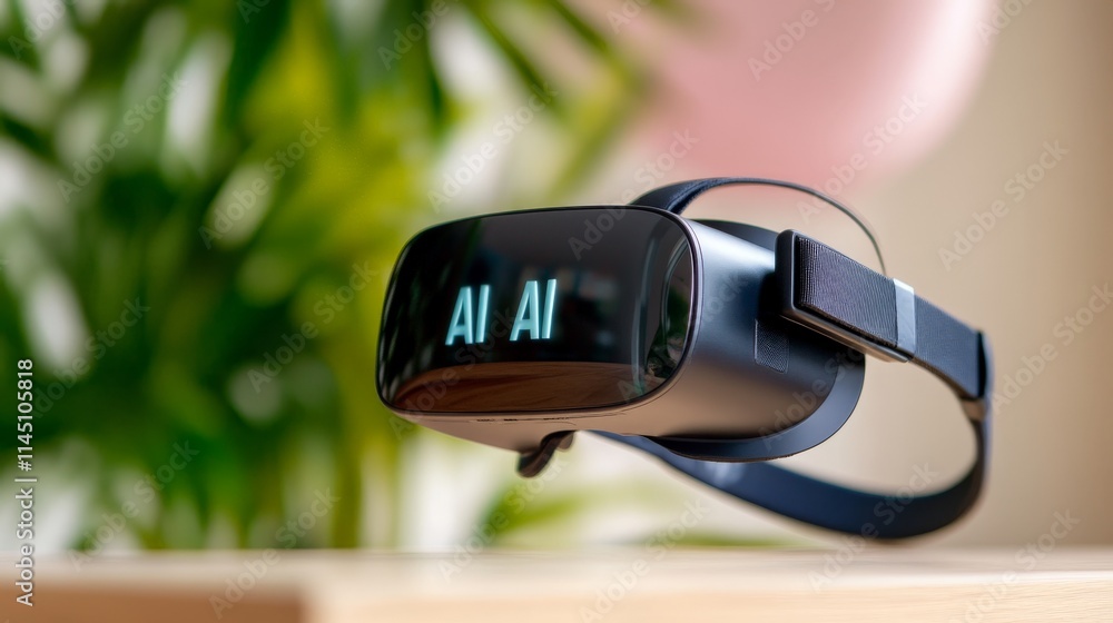 Poster futuristic ai virtual reality headset on wooden table surrounded by greenery with a sleek design sho