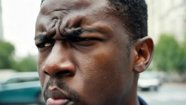 Closeup Skeptical Black Man Face Showing Doubt and Disbelief