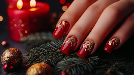 Radiant red nails with golden holiday designs