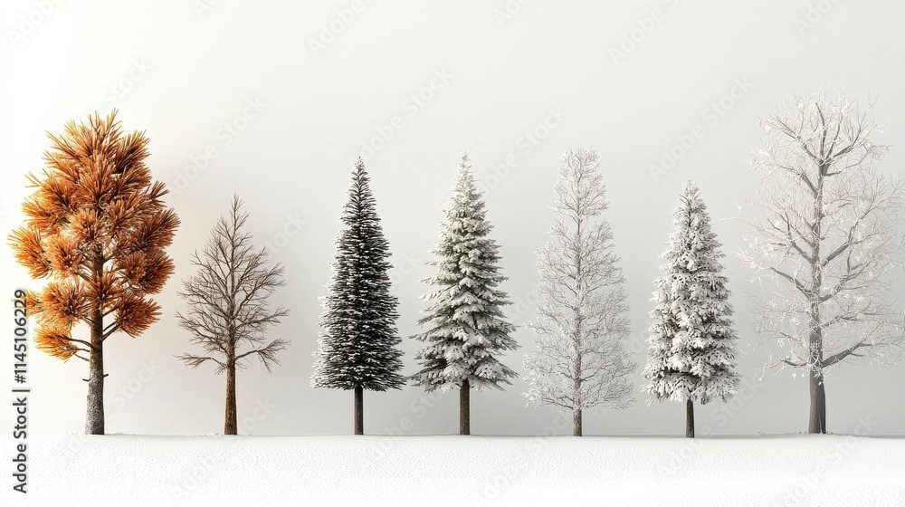 Poster exploring ornamental pine trees with intricate details in a tranquil garden environment for nature e