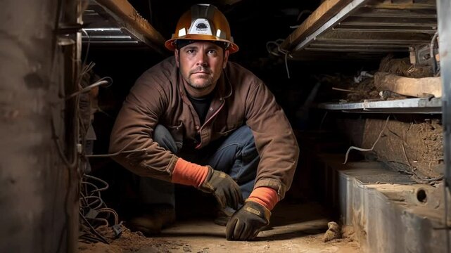 Construction worker wearing a hard hat and gloves is crouching in a dark tunnel, carefully inspecting the ground for potential hazards