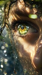 Close-up eye, water, sunlight, golden hues, ethereal.