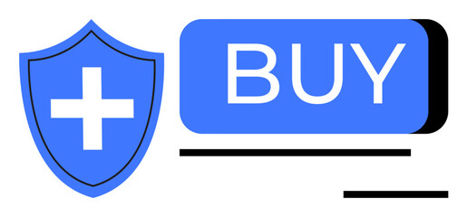 Blue shield with white cross next to blue BUY button and horizontal lines. Ideal for e-commerce, online security, web safety, digital transactions, secure shopping, internet trust, and payment