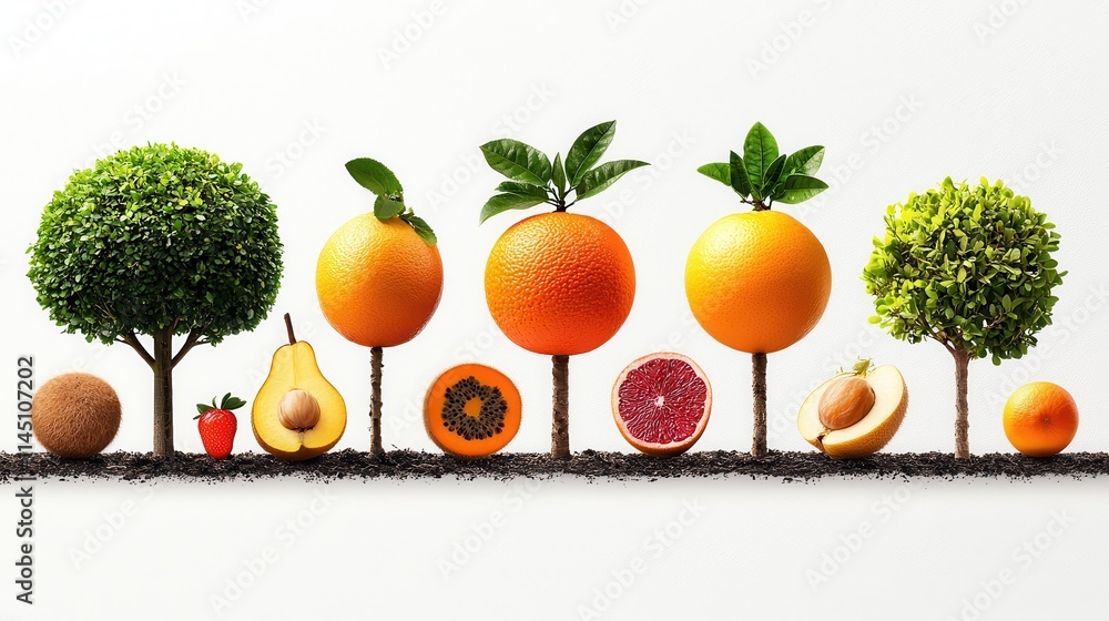 Poster arranging various fruit trees in two rows of six against a standard background for a stunning displa