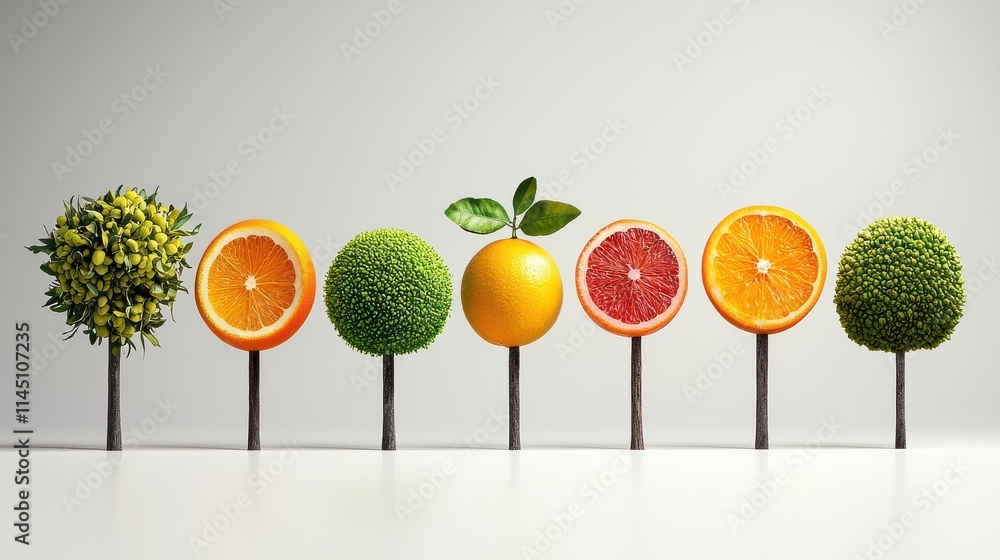Poster aligning six rows of various fruit trees against a standard background nature photography in a minim