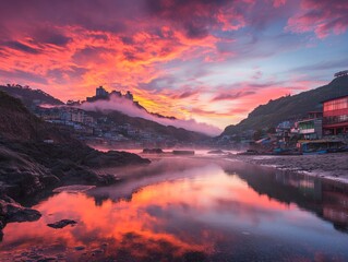 Naklejka premium A vibrant sunset reflecting on calm waters near a coastal town.