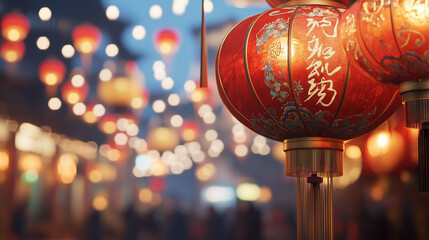 Red and gold Lunar New Year lanterns with traditional calligraphy on a blurred background of a...