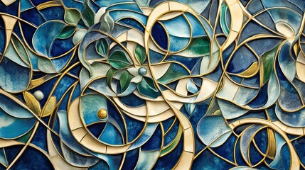 Intricate stained glass abstract pattern, blue, green, gold.