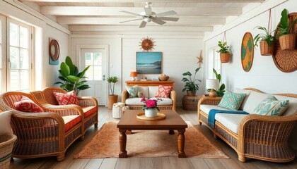 Coastal Boho Cabin Living Room with wicker furniture, tropical accents, and vibrant colors. The skirting boards are painted in a soft