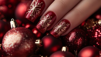 Shimmering red and gold nails with intricate festive patterns