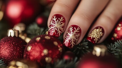 Shimmering red and gold nails with intricate festive patterns