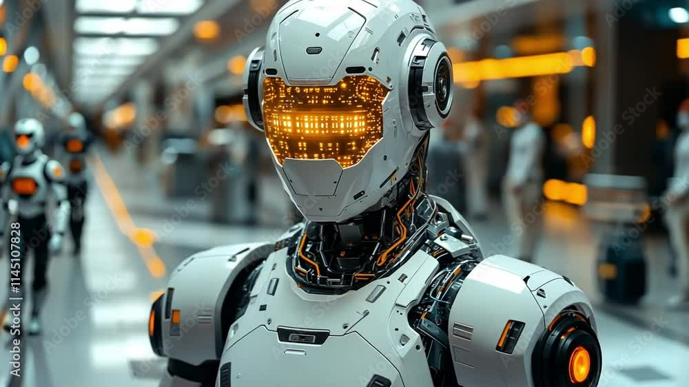 Poster futuristic humanoid robot with glowing features in a modern urban setting