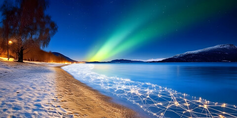 Naklejka premium Aurora Borealis Lights up Night Sky over Snowy Beach and Lake with Network Grid, Winter Wonderland with Digital Connections, and Breathtaking Scenery