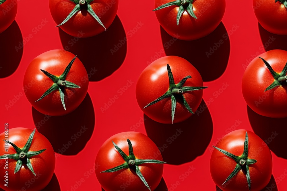 Poster a close up of a bunch of red tomatoes with green stems. the tomatoes are arranged in a row and are a