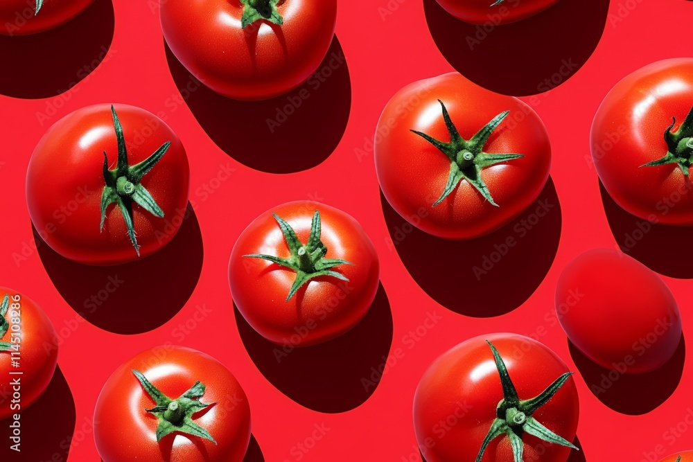 Poster a close up of many red tomatoes on a red background. the tomatoes are arranged in a pattern, with so