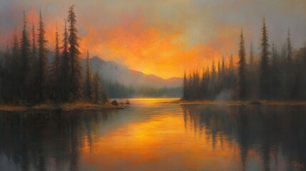 Fototapeta premium Tranquil Sunset Over a Reflective Lake Surrounded by Lush Pine Trees and Majestic Mountains in a Serene Wilderness Scene