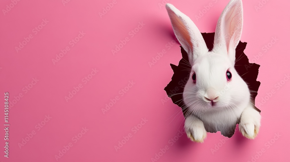 Poster a white rabbit is peeking out of a pink background. the rabbit is looking at the camera with a curio