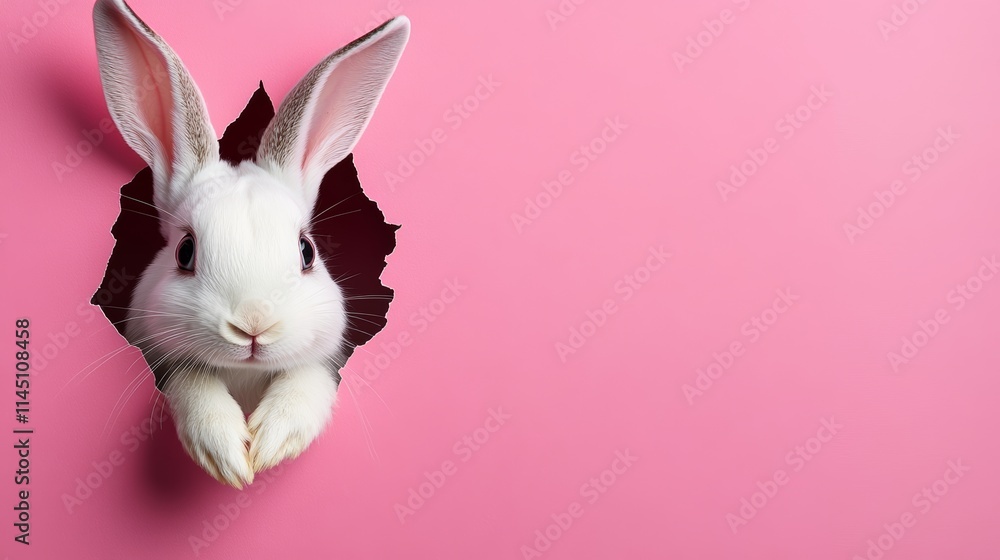 Poster a rabbit is peeking out of a pink background. the rabbit is looking at the camera and he is curious.