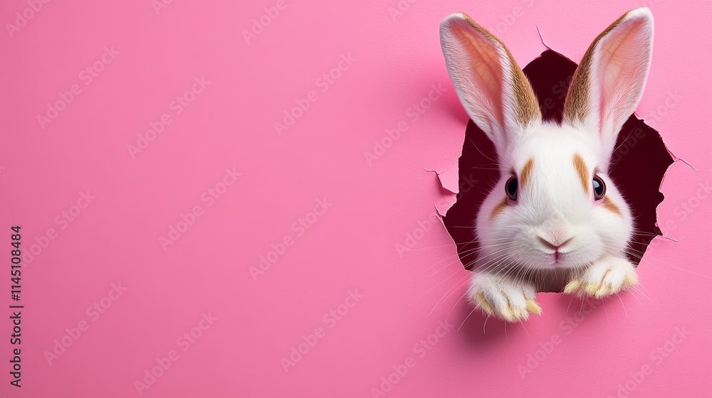 Poster a rabbit is peeking out of a hole in a pink background. the rabbit is looking at the camera and he i