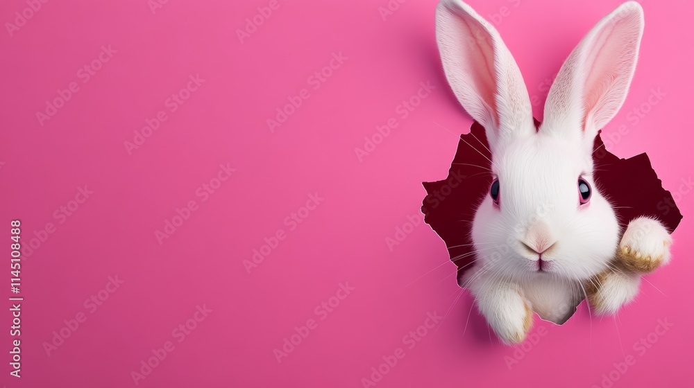 Poster a white rabbit is peeking out of a pink background. the rabbit is looking at the camera and he is cu