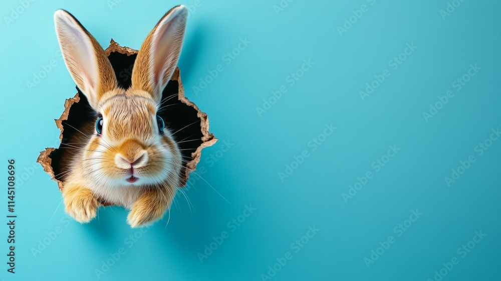 Poster a rabbit is peeking out of a hole in a blue background. the rabbit is looking at the camera with a c