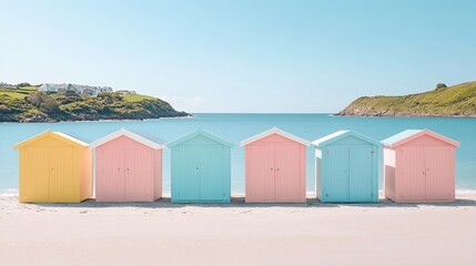 Fototapeta premium Pastel Beach Cabanas Line Sandy Shore