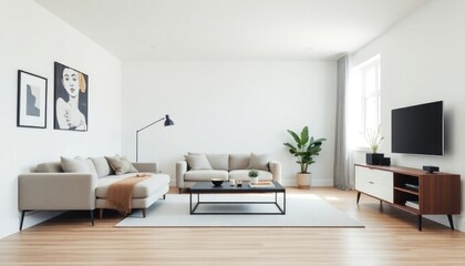 Minimalist Student Living Room with neutral tones, sleek furniture, and lots of open space. The skirting boards are painted in matte white