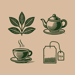  Minimalist tea icons in bold lines on beige background