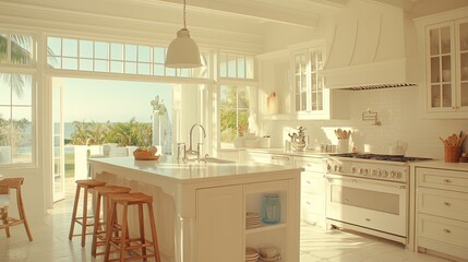 Fototapeta premium Bright Coastal Kitchen With Island And Ocean View