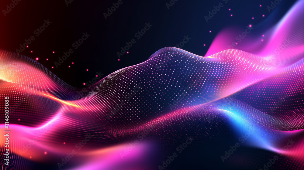 Poster colorful abstract wave patterns with glowing dots create a vibrant digital background