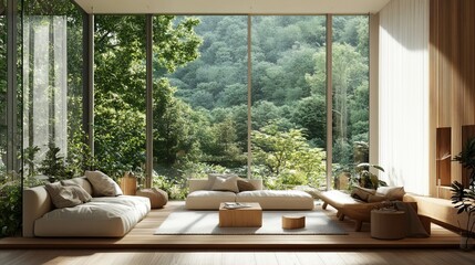 Fototapeta premium Minimalist Scandinavian living room with eco-friendly furniture, natural wood textures, large windows with views of a lush forest, soft, natural lighting