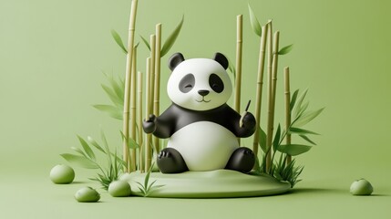 Fototapeta premium Cute 3D panda sitting amidst bamboo stalks on a green background.