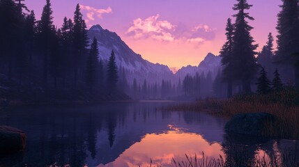 Tranquil Mountain Landscape at Dusk with Reflections in Calm Waters Surrounded by Pine Trees and Majestic Peaks Under a Purple Sky