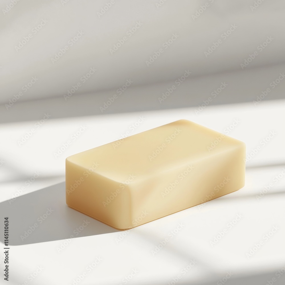 Poster a clean 3d soap bar mockup with soft edges, placed on a white surface, blank space for design input