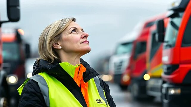 Surrounded by trucks, a middle-aged woman in a high-visibility jacket looks over maintenance reports, her confident stance showing her leadership in logistics.