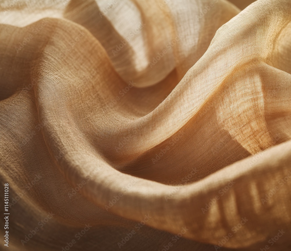 Poster A close-up of light linen fabric fluttering in the wind, bathed in warm sunlight. Texture is soft with subtle folds that add depth to its delicate beauty. Warm beige tones create a cozy atmosphere.