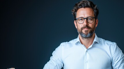 Obraz premium Confident businessman in glasses, serious expression.