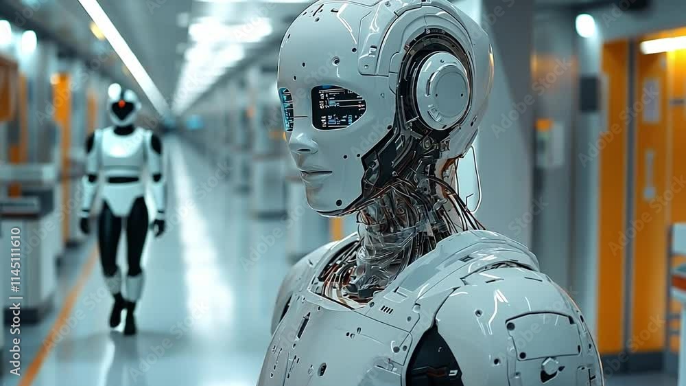 Poster advanced humanoid robots in a futuristic laboratory showcasing artificial intelligence capabilities