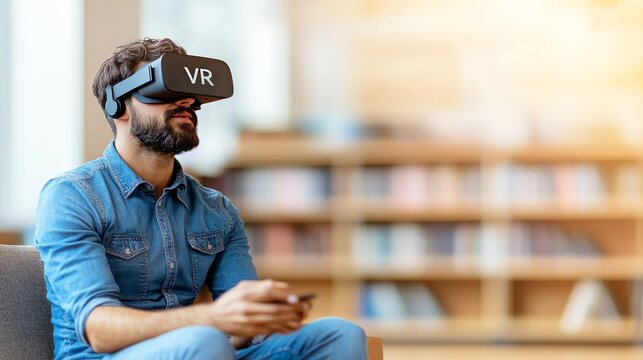 Smiling young woman with augmented reality glasses sitting in a modern home office highlighting futuristic innovation and immersive technology in remote work solutions