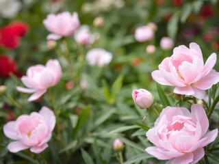 Beautiful pink peony flowers in full bloom against a soft blurred background of petals and leaves, floral, soft, pink petals