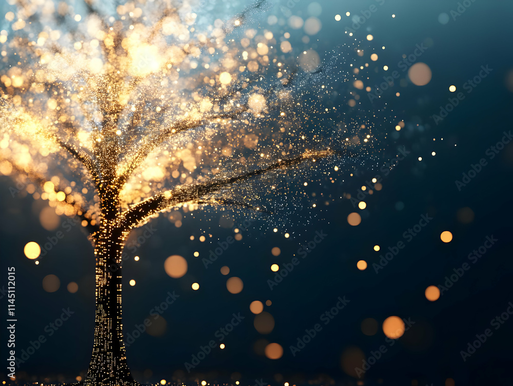 Aufkleber glowing tree sparkles with golden light effect and bokeh background with magic tree, light particles