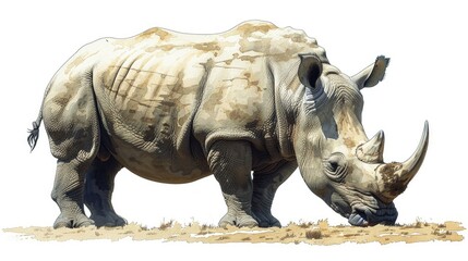 Obraz premium A realistic illustration of a rhinoceros grazing in its natural habitat.