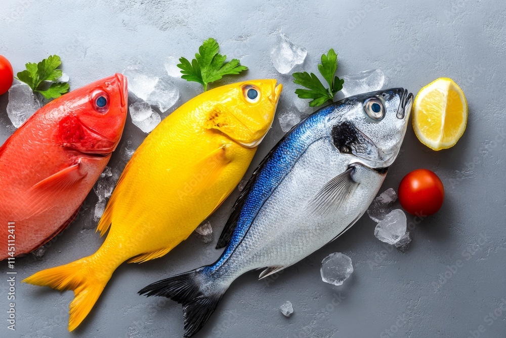 Poster Three different colored fish are displayed on a table with a lemon and a tomato