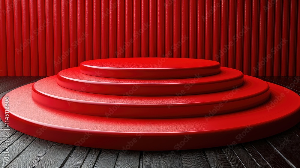 Poster a red circular stage with layered platforms against a textured red backdrop.