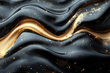 A complex interplay of metallic gold and deep black inks, accompanied by bubbles, forms an abstract depiction of opulence and drama.